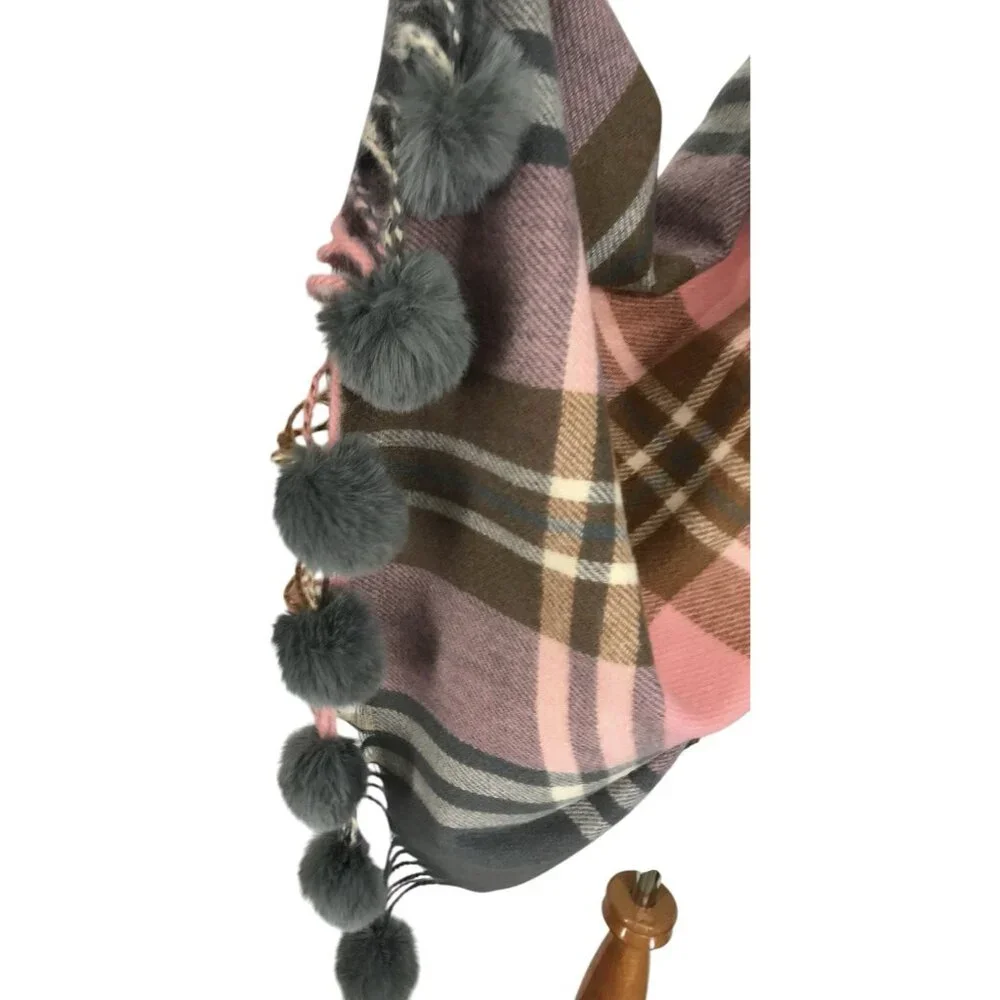 G‎ Scarf Wrap With Pom Poms Pink Gray Plaid Fringe